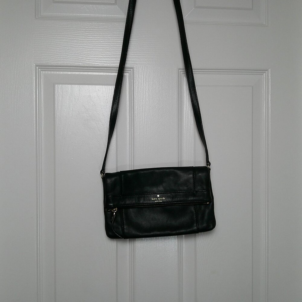 Kate Spade Black Foldover Purse Multi Compartment Shoulder Bag Fixed Strap